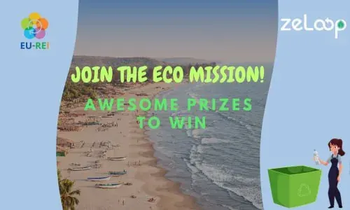 Beach-themed promo for joining an eco mission with recycling mascot and text about awesome prizes to win