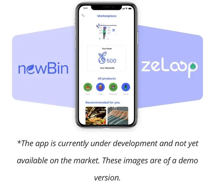 Demo screen of a sustainability marketplace app showing products and a note that the app is under development