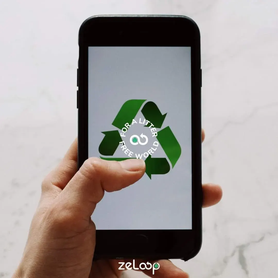 Student holding a smartphone with a green recycling app logo, suggesting a digital tool for a school recycling challenge