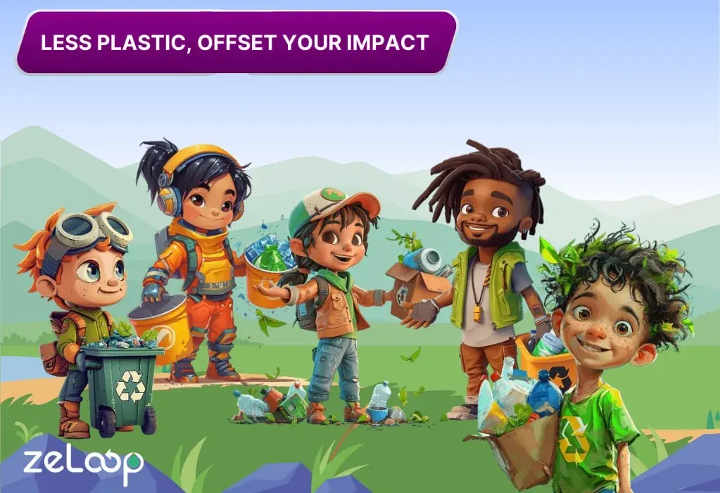 Banner with the words LESS PLASTIC, OFFSET YOUR IMPACT, promoting reduced plastic impact efforts