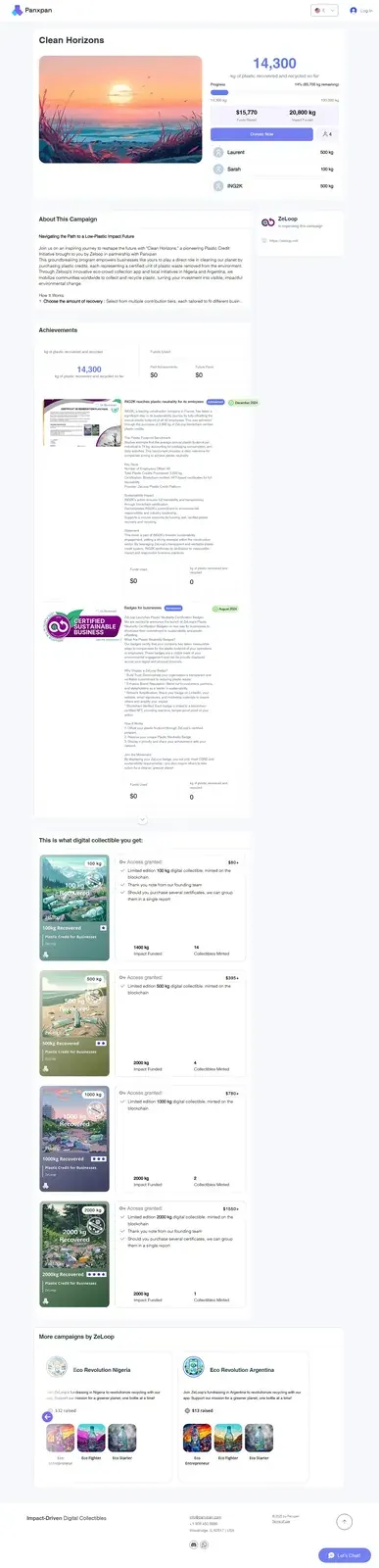 Panxpan Clean Horizons campaign page showing ZeLoop plastic credit metrics and blockchain-verified recovery data