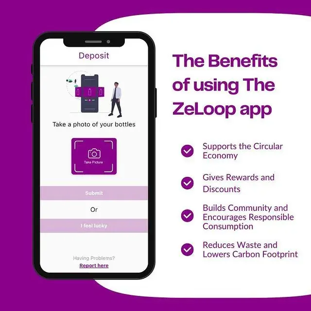 Graphic listing benefits of using the ZeLoop recycling rewards app for depositing plastic bottles