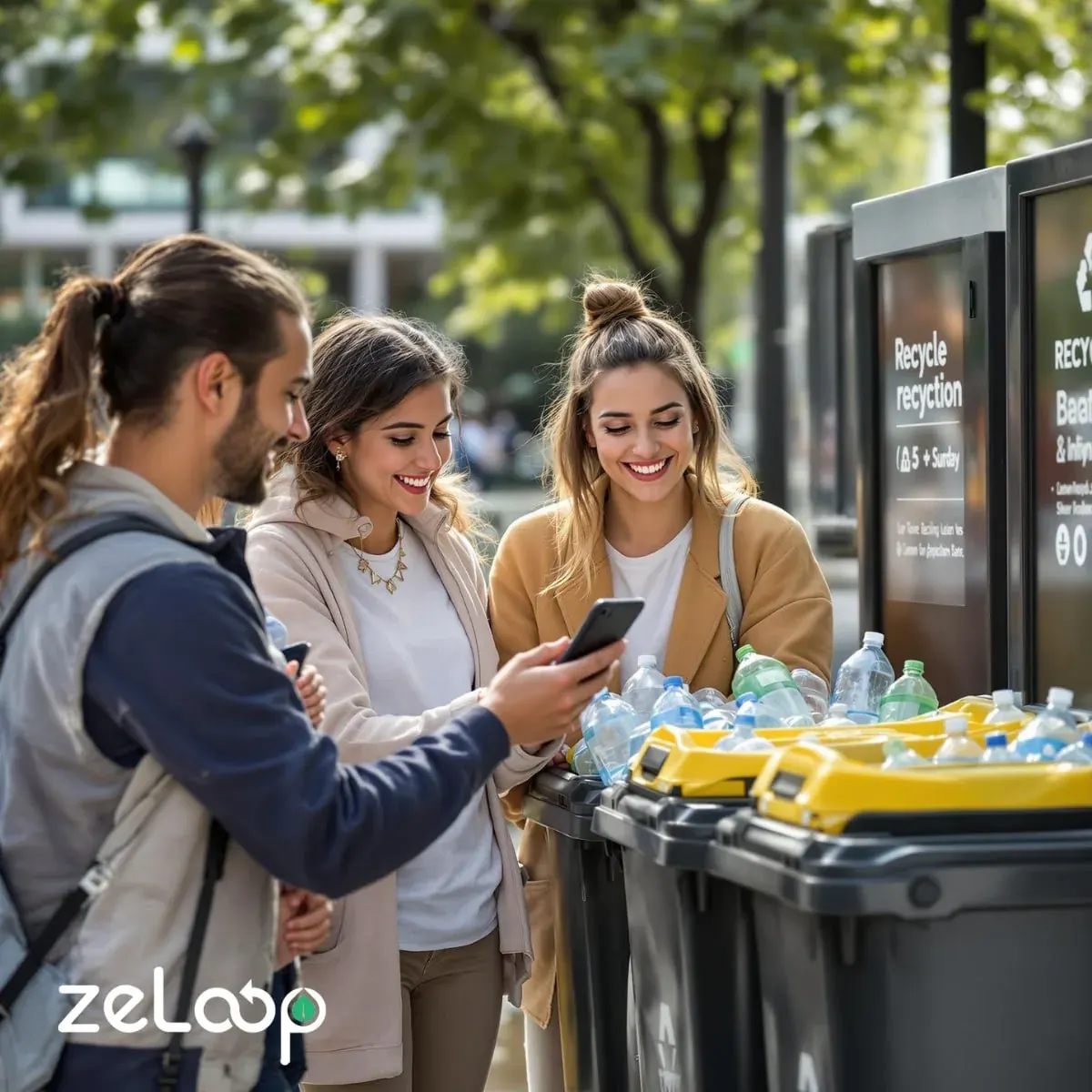 People using a smartphone beside outdoor recycling bins in the UAE