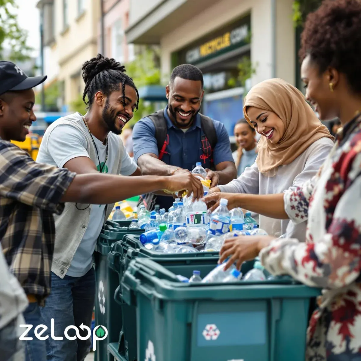 Group of people recycling plastic bottles at a city collection point in the UAE