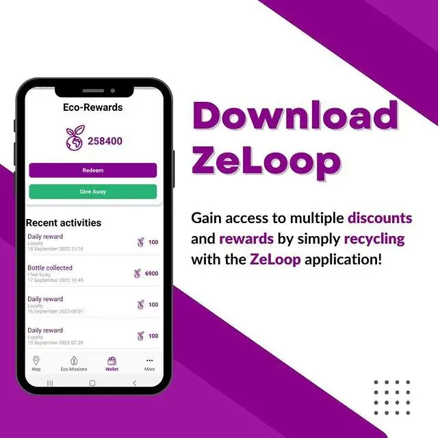 ZeLoop app screen showing recycling rewards, bottles collected and recent activities