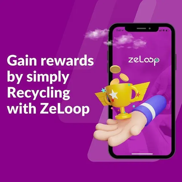 Mobile screen showing ZeLoop app with message about gaining rewards for recycling and a trophy icon