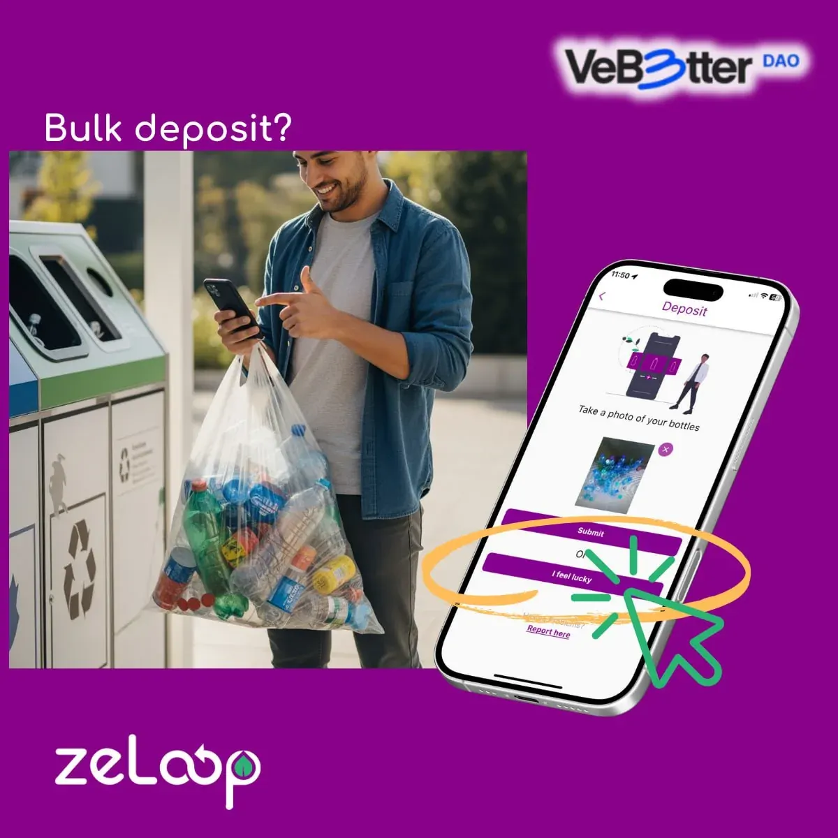 Man using a recycling app on his phone next to a recycling bin, suggesting digital tools for NGO cleanup organizers