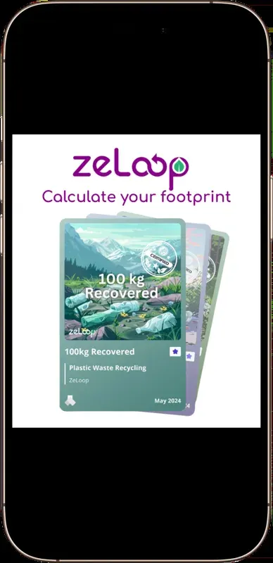 Smartphone showing the zeLoop app with plastic waste recycling and footprint calculation data
